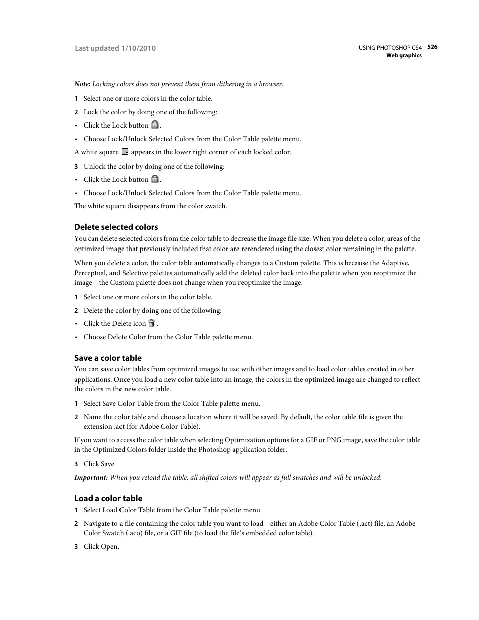 Delete selected colors, Save a color table, Load a color table | Adobe Photoshop CS4 User Manual | Page 533 / 707