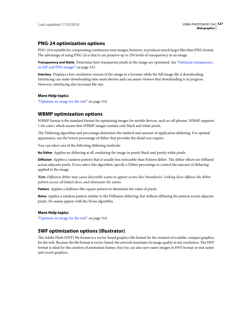 Png-24 optimization options, Wbmp optimization options, Swf optimization options (illustrator) | Adobe Photoshop CS4 User Manual | Page 534 / 707