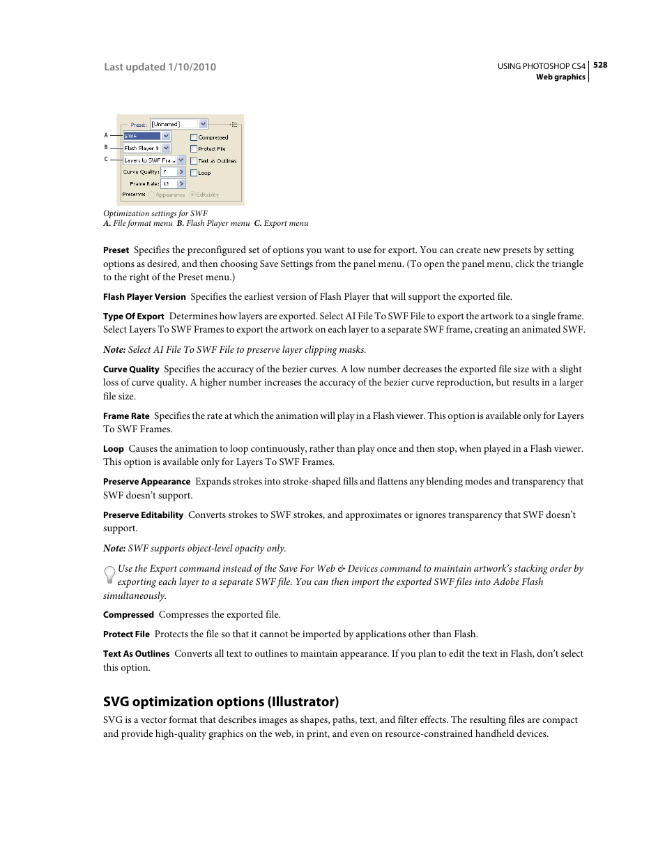 Svg optimization options (illustrator) | Adobe Photoshop CS4 User Manual | Page 535 / 707