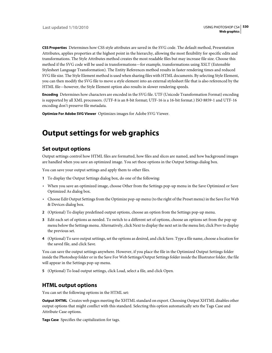 Output settings for web graphics, Set output options, Html output options | Adobe Photoshop CS4 User Manual | Page 537 / 707