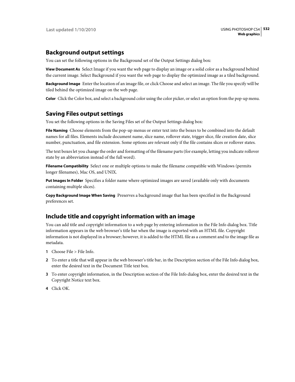 Background output settings, Saving files output settings | Adobe Photoshop CS4 User Manual | Page 539 / 707