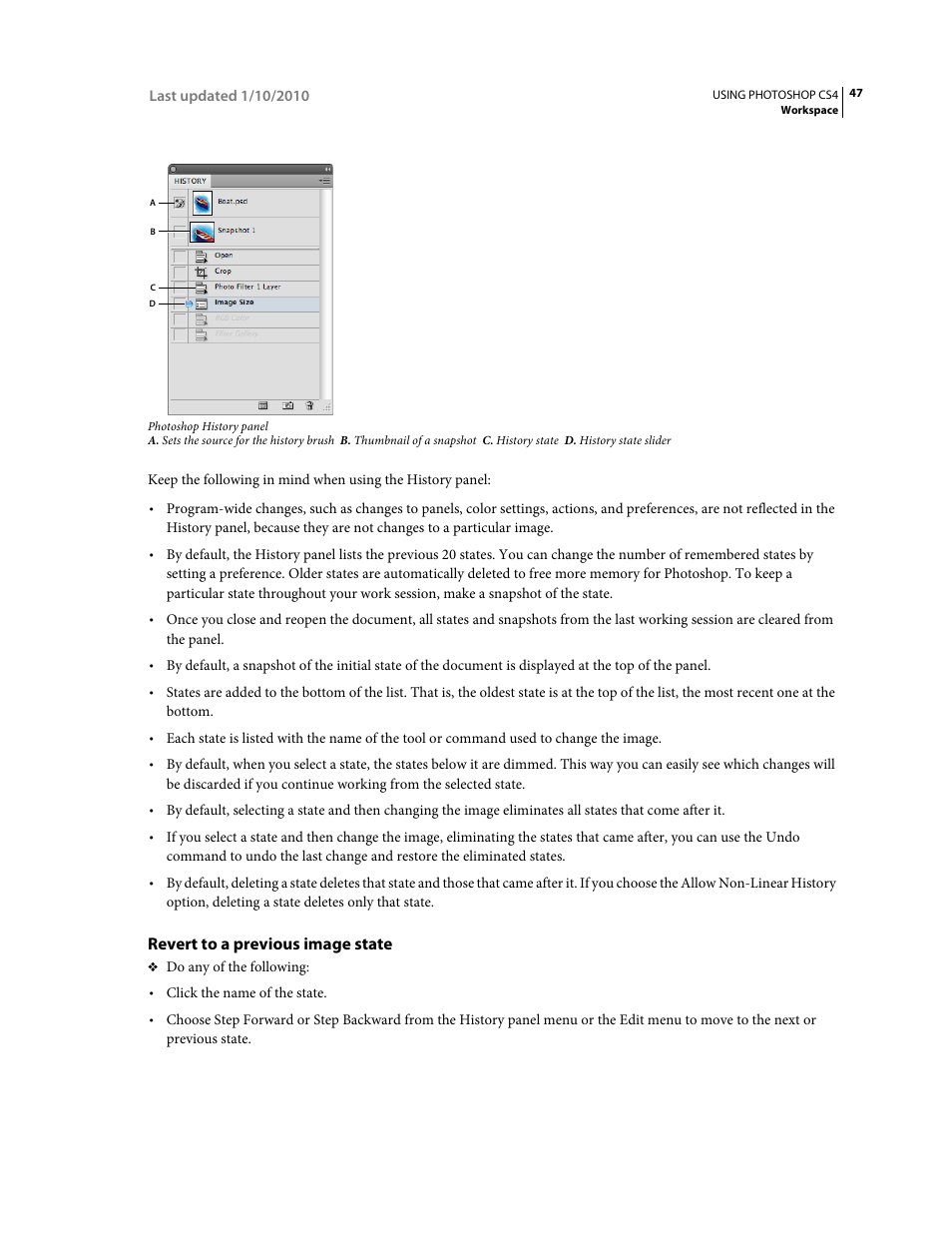 Revert to a previous image state | Adobe Photoshop CS4 User Manual | Page 54 / 707