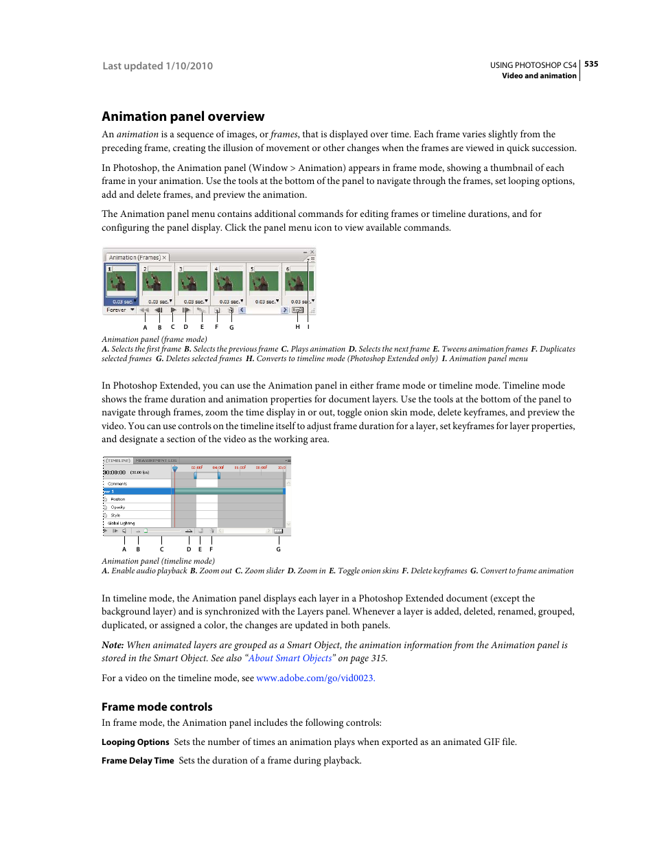 Animation panel overview, Frame mode controls | Adobe Photoshop CS4 User Manual | Page 542 / 707