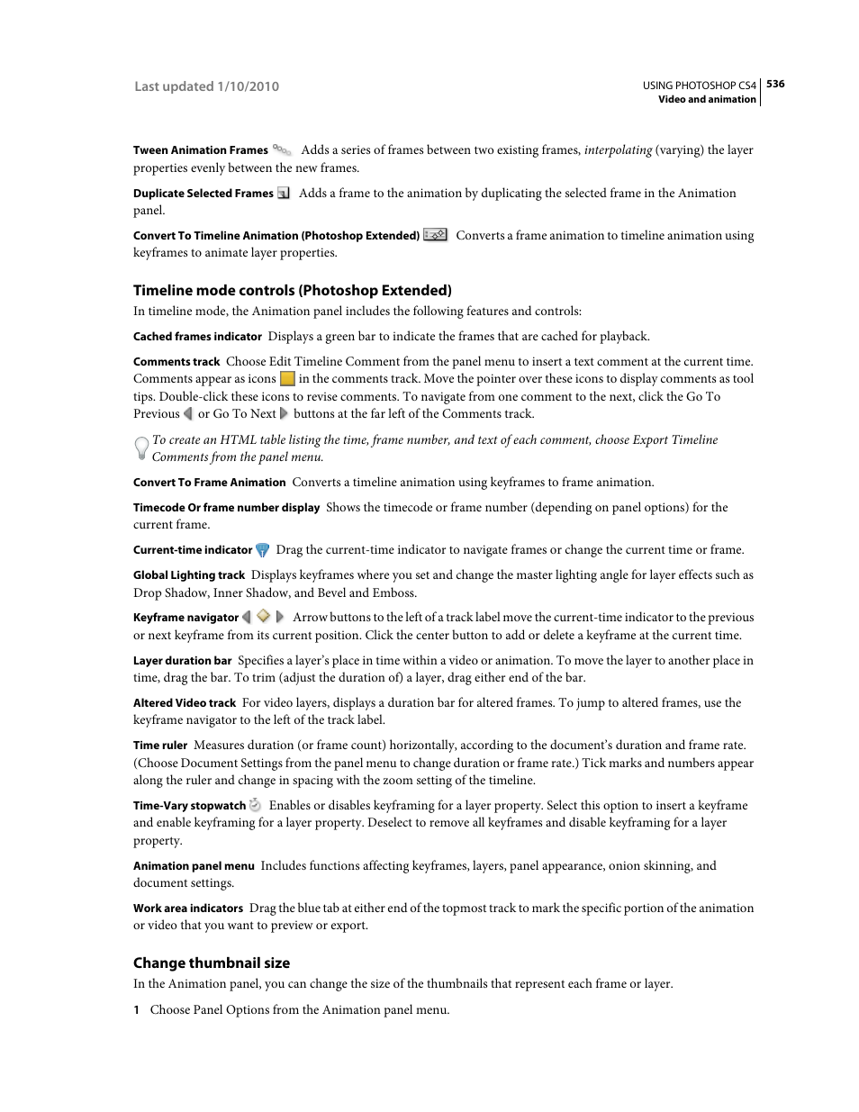 Timeline mode controls (photoshop extended), Change thumbnail size | Adobe Photoshop CS4 User Manual | Page 543 / 707