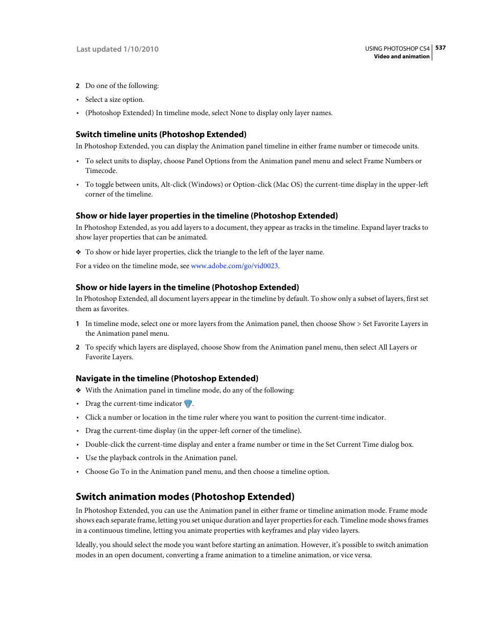 Switch timeline units (photoshop extended), Navigate in the timeline (photoshop extended), Switch animation modes (photoshop extended) | Adobe Photoshop CS4 User Manual | Page 544 / 707