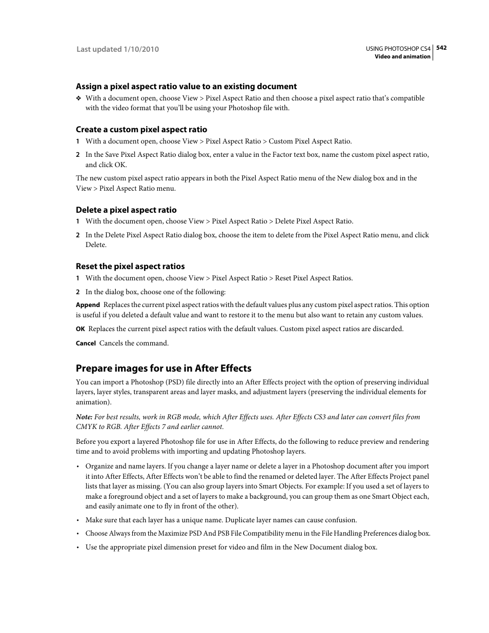 Create a custom pixel aspect ratio, Delete a pixel aspect ratio, Reset the pixel aspect ratios | Prepare images for use in after effects | Adobe Photoshop CS4 User Manual | Page 549 / 707