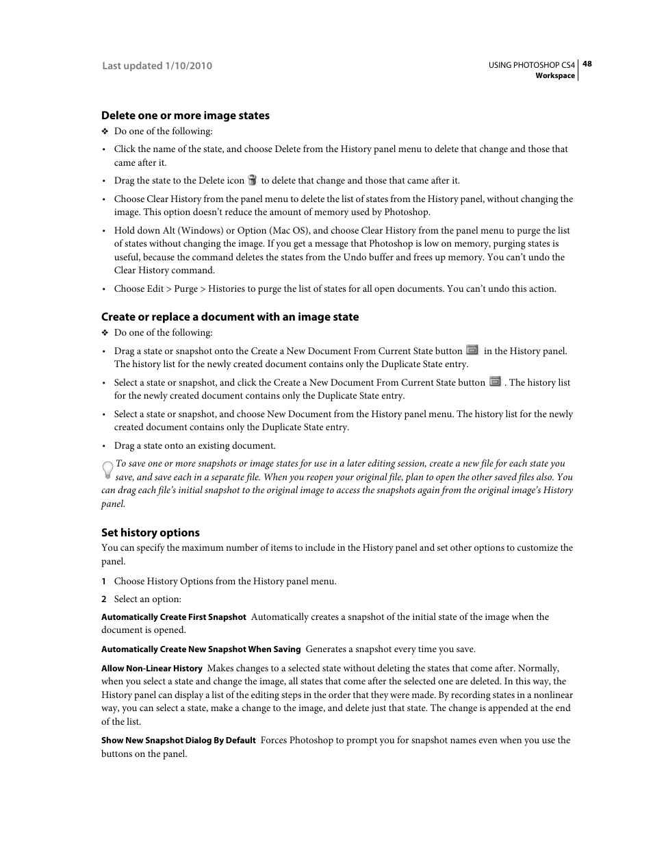 Delete one or more image states, Create or replace a document with an image state, Set history options | Adobe Photoshop CS4 User Manual | Page 55 / 707