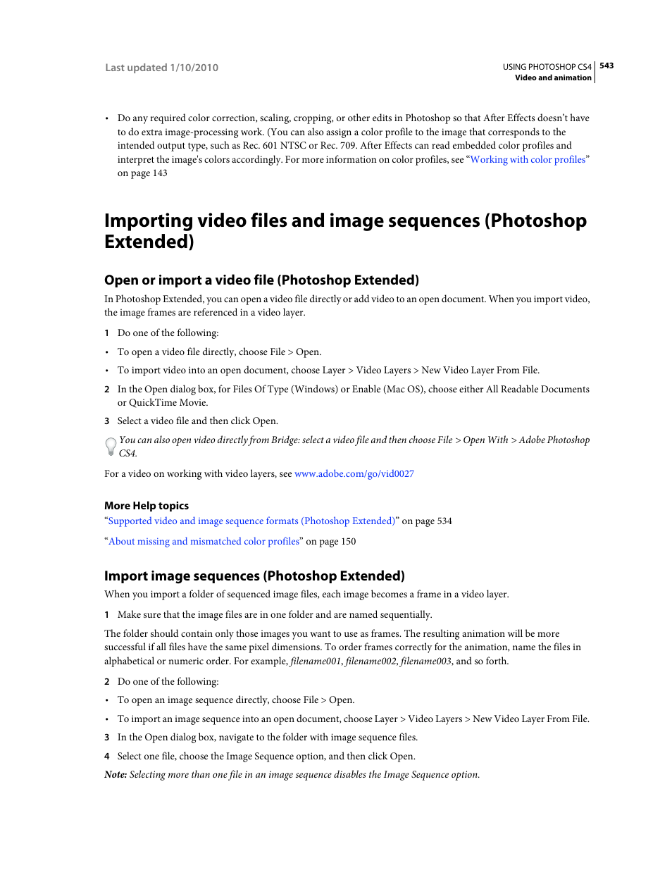 Open or import a video file (photoshop extended), Import image sequences (photoshop extended), For more information, see | Adobe Photoshop CS4 User Manual | Page 550 / 707