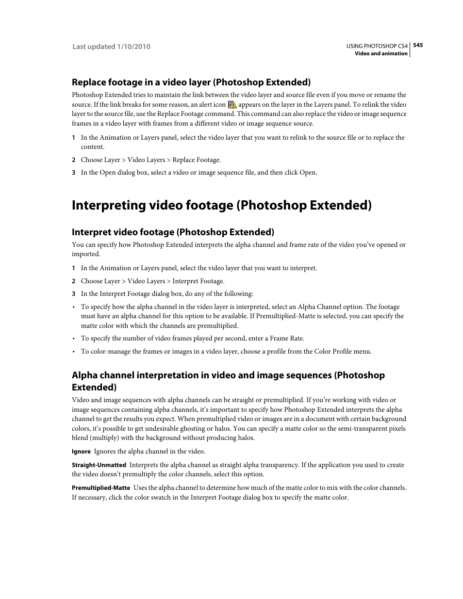 Interpreting video footage (photoshop extended), Interpret video footage (photoshop extended), For more information, see | Adobe Photoshop CS4 User Manual | Page 552 / 707