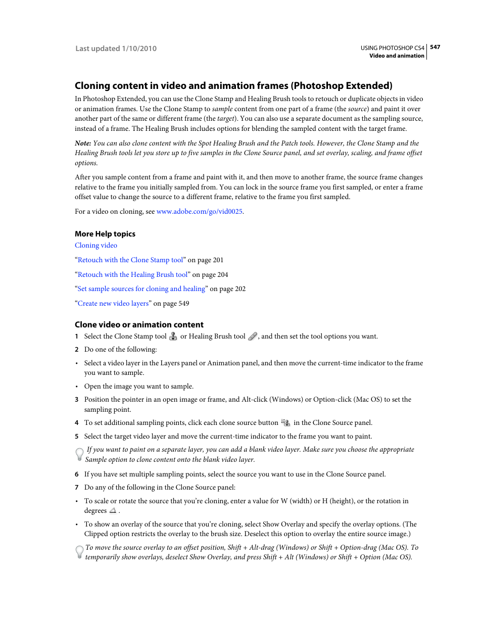 Clone video or animation content | Adobe Photoshop CS4 User Manual | Page 554 / 707