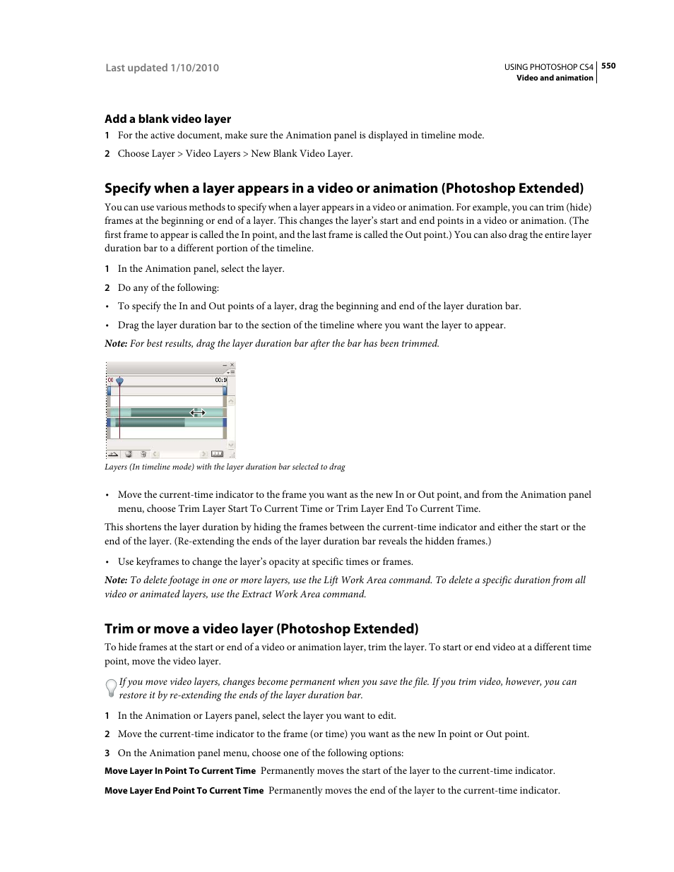 Add a blank video layer, Trim or move a video layer (photoshop extended) | Adobe Photoshop CS4 User Manual | Page 557 / 707