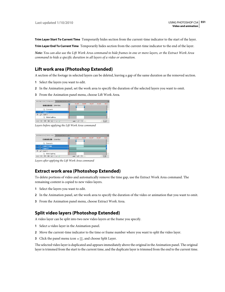 Lift work area (photoshop extended), Extract work area (photoshop extended), Split video layers (photoshop extended) | Adobe Photoshop CS4 User Manual | Page 558 / 707