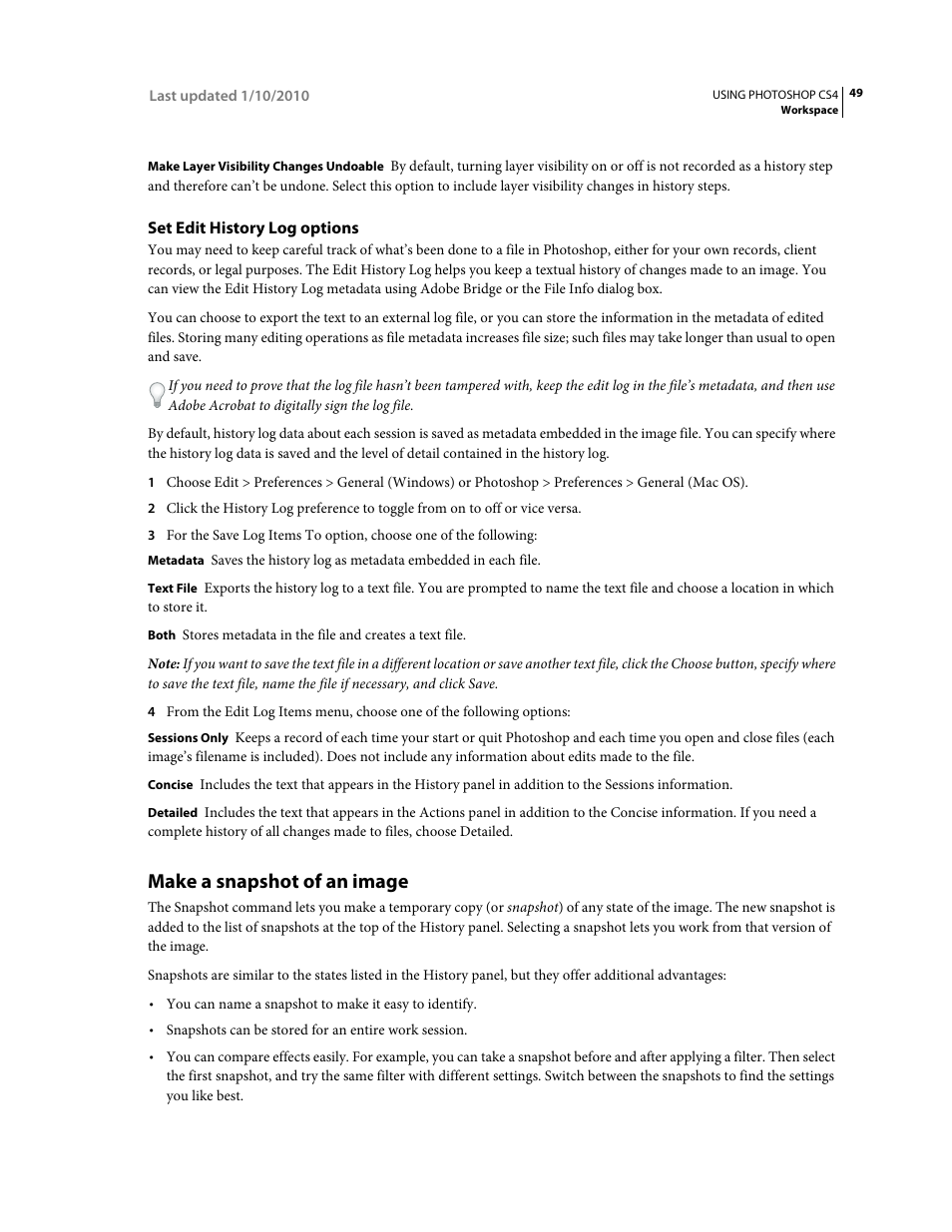 Set edit history log options, Make a snapshot of an image | Adobe Photoshop CS4 User Manual | Page 56 / 707