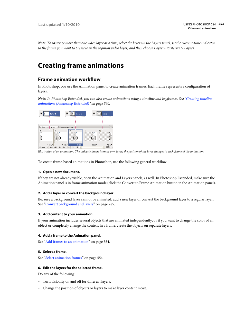 Creating frame animations, Frame animation workflow | Adobe Photoshop CS4 User Manual | Page 560 / 707