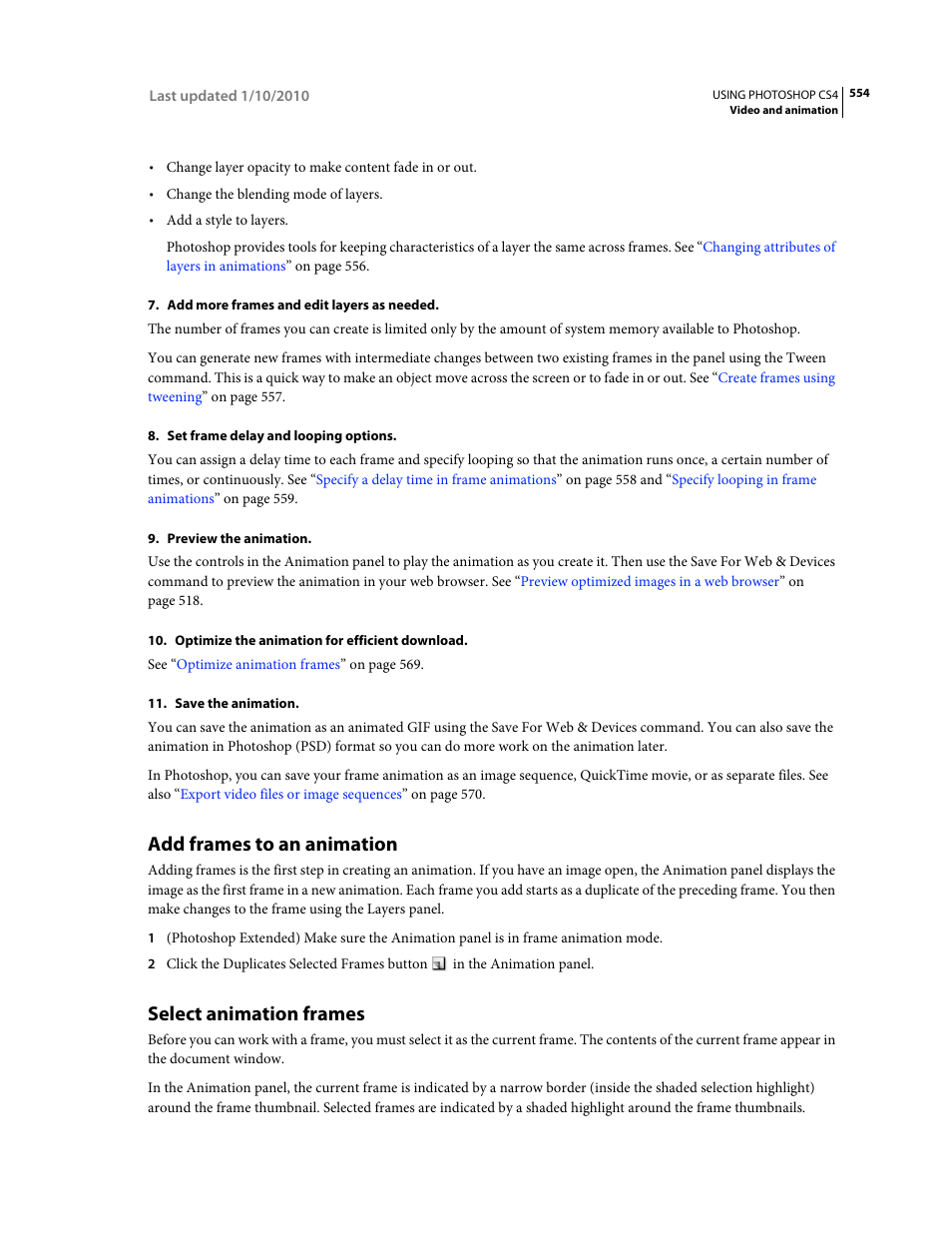 Add frames to an animation, Select animation frames | Adobe Photoshop CS4 User Manual | Page 561 / 707