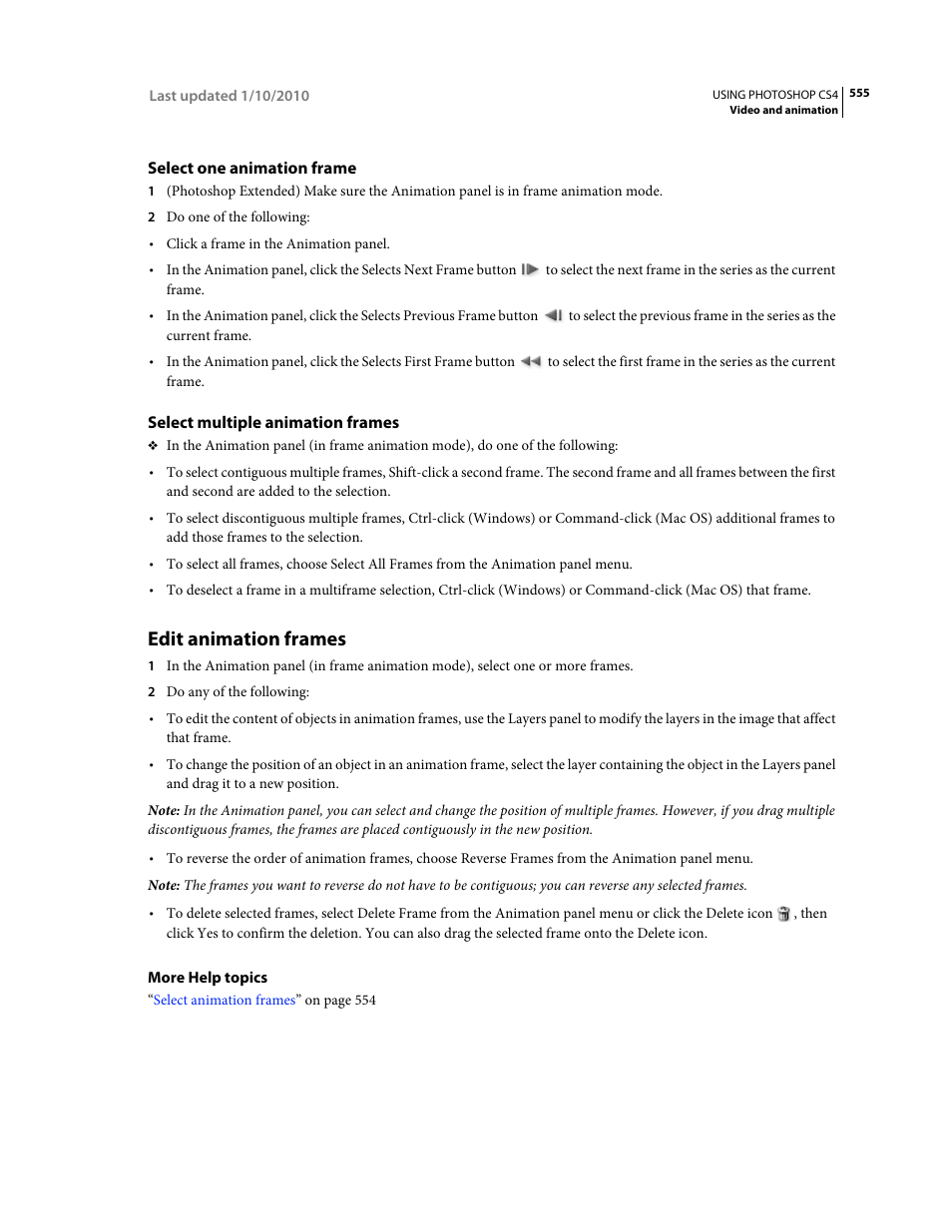 Select one animation frame, Select multiple animation frames, Edit animation frames | Adobe Photoshop CS4 User Manual | Page 562 / 707