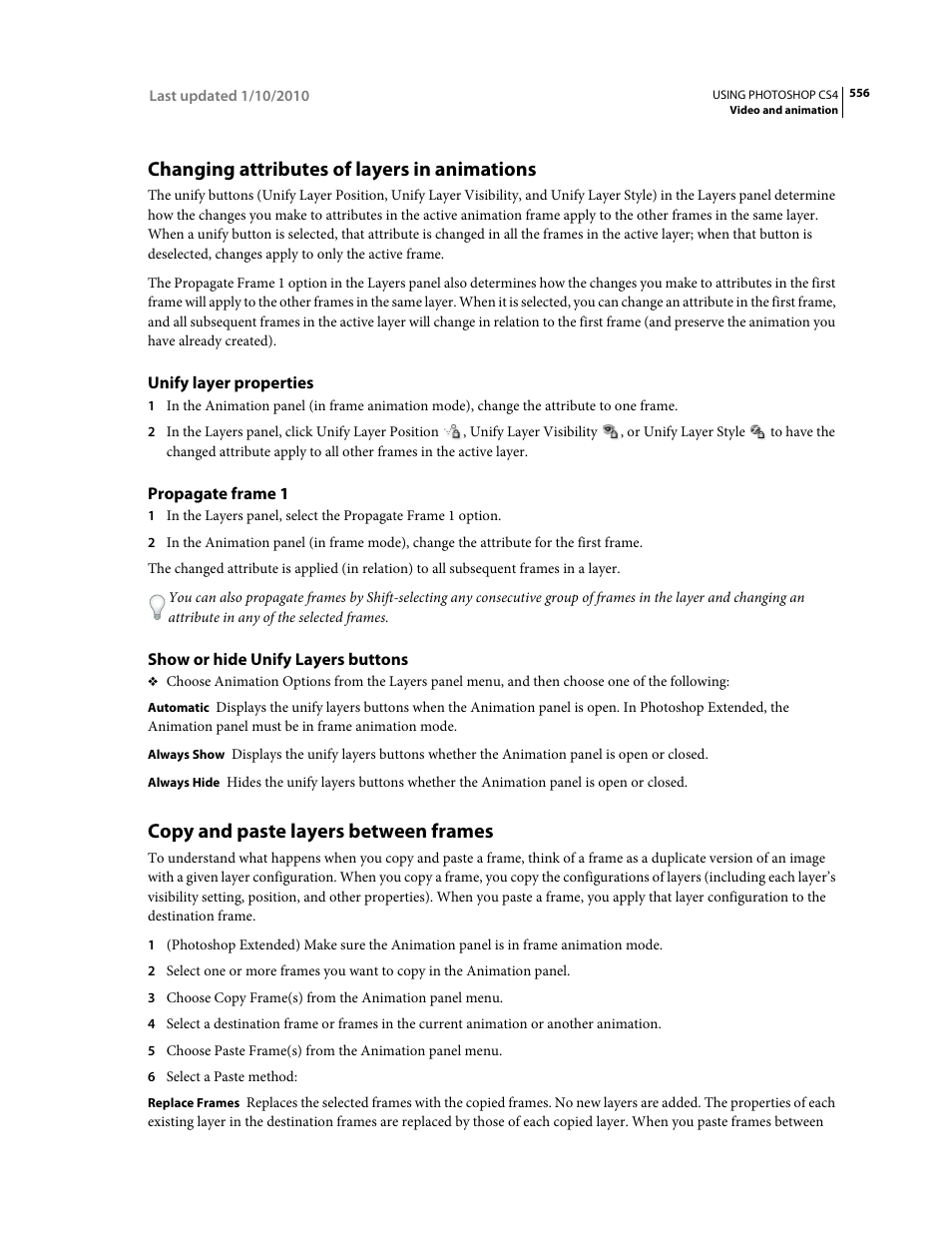 Changing attributes of layers in animations, Unify layer properties, Propagate frame 1 | Show or hide unify layers buttons, Copy and paste layers between frames, Changing attributes of, Layers in animations | Adobe Photoshop CS4 User Manual | Page 563 / 707