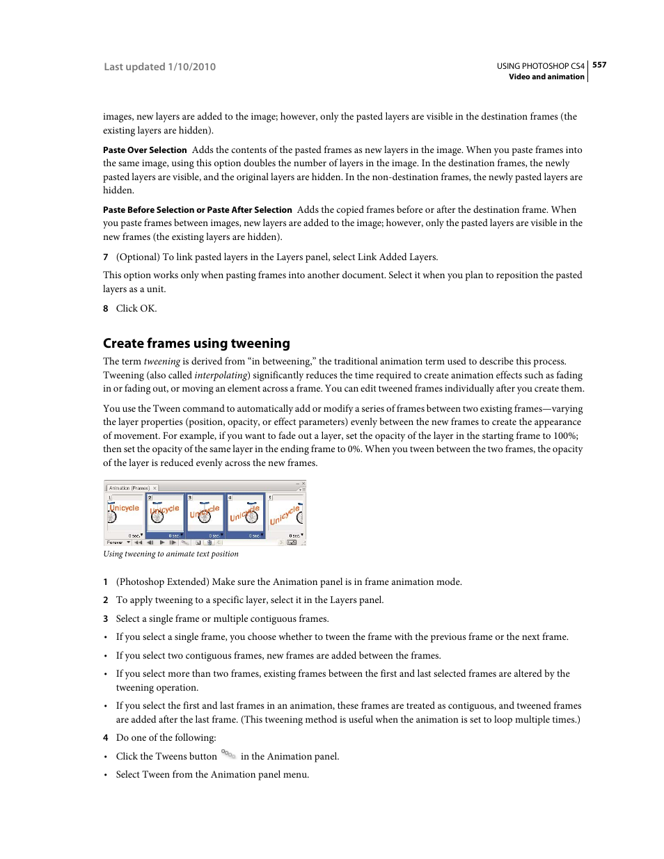 Create frames using tweening, Create frames using, Tweening | Adobe Photoshop CS4 User Manual | Page 564 / 707