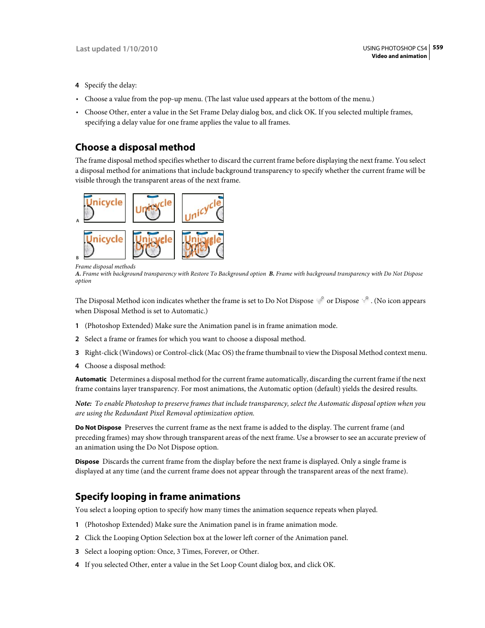 Choose a disposal method, Specify looping in frame animations, Specify looping in frame | Animations | Adobe Photoshop CS4 User Manual | Page 566 / 707