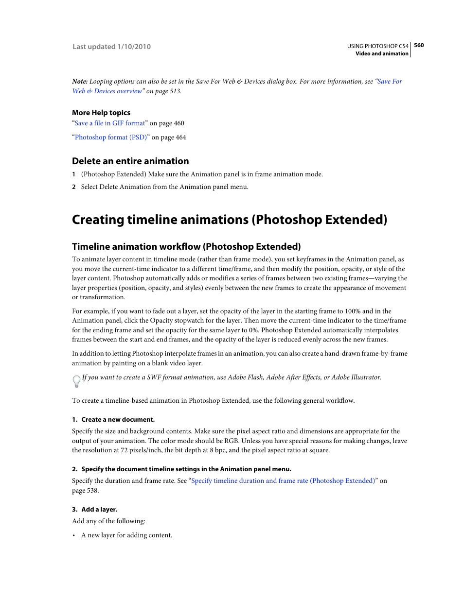 Delete an entire animation, Creating timeline animations (photoshop extended), Timeline animation workflow (photoshop extended) | Creating timeline, Animations (photoshop extended) | Adobe Photoshop CS4 User Manual | Page 567 / 707