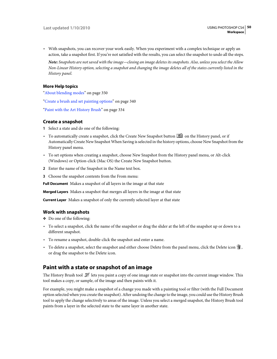 Create a snapshot, Work with snapshots, Paint with a state or snapshot of an image | Adobe Photoshop CS4 User Manual | Page 57 / 707