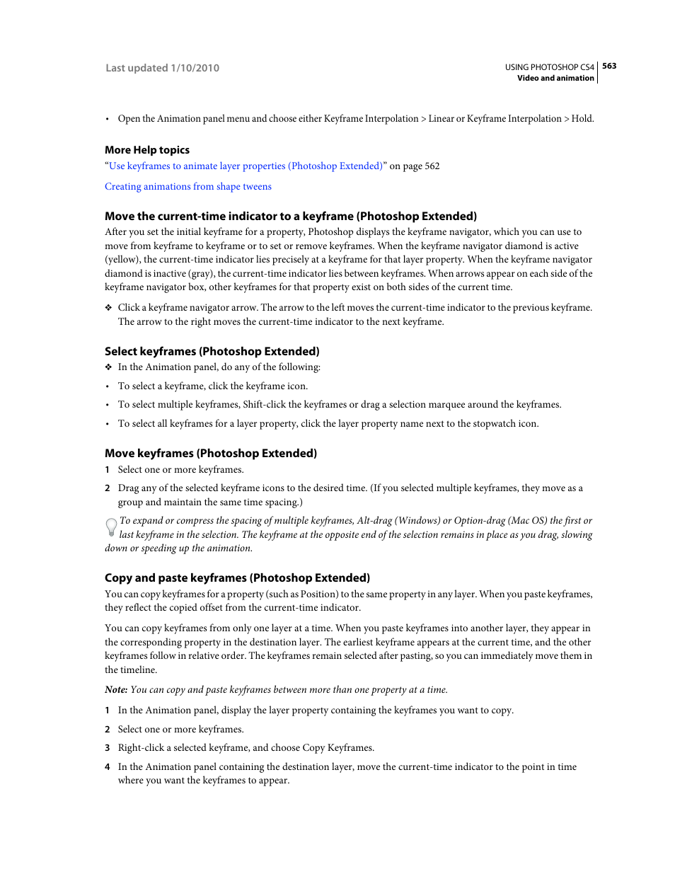 Select keyframes (photoshop extended), Move keyframes (photoshop extended), Copy and paste keyframes (photoshop extended) | Adobe Photoshop CS4 User Manual | Page 570 / 707