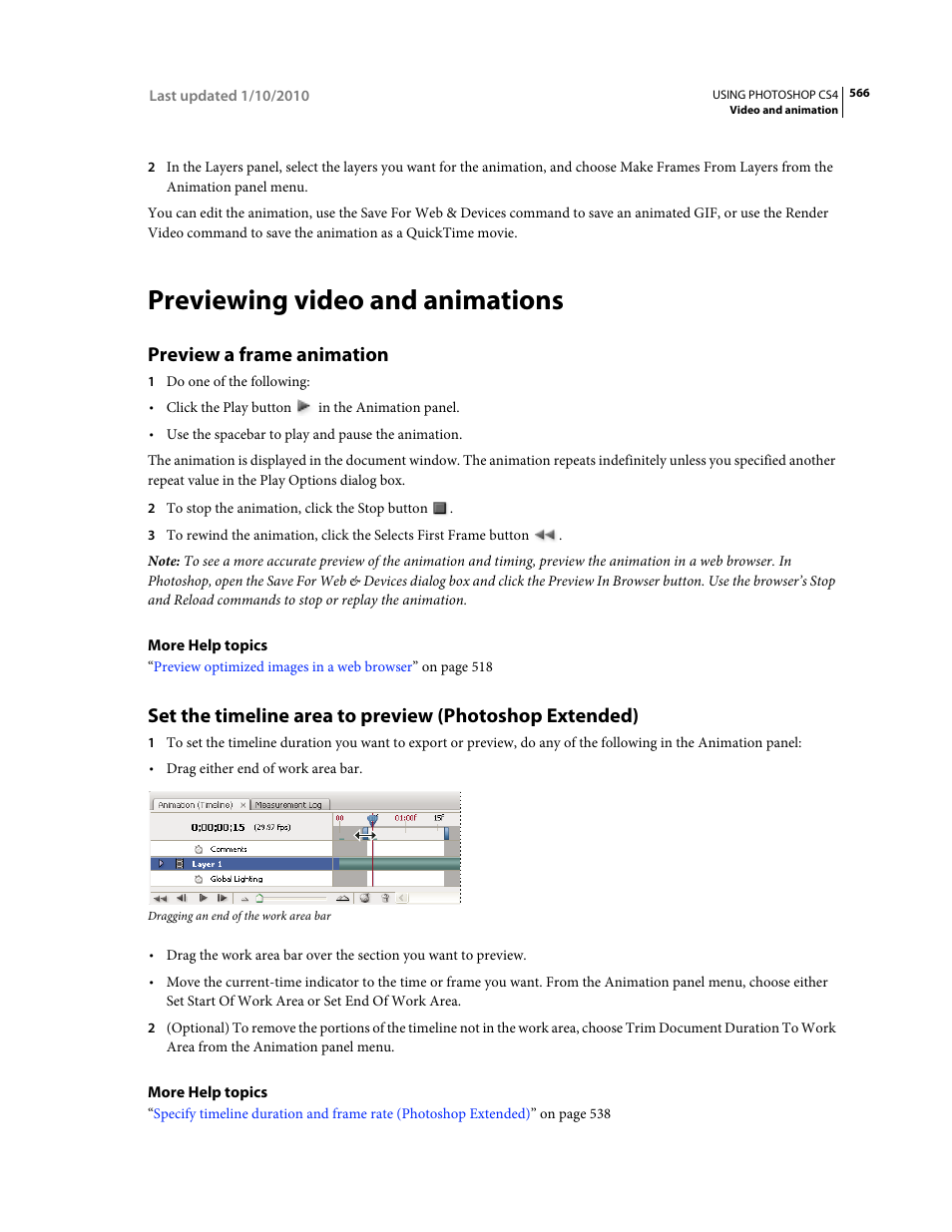 Previewing video and animations, Preview a frame animation, Set the timeline | Area to preview (photoshop extended) | Adobe Photoshop CS4 User Manual | Page 573 / 707