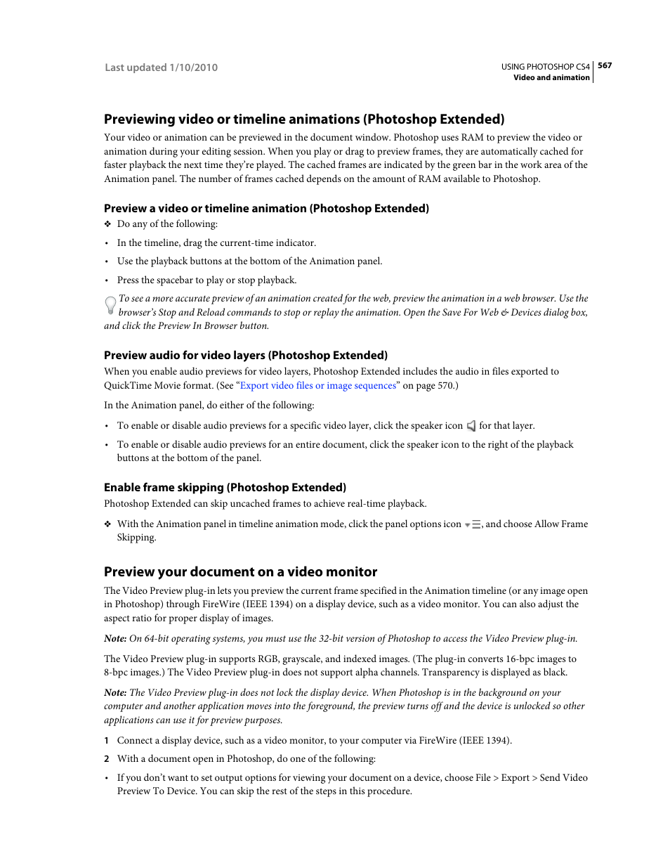 Enable frame skipping (photoshop extended), Preview your document on a video monitor, Previewing video | Or timeline animations (photoshop extended) | Adobe Photoshop CS4 User Manual | Page 574 / 707