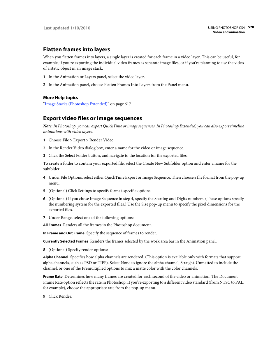 Flatten frames into layers, Export video files or image sequences | Adobe Photoshop CS4 User Manual | Page 577 / 707