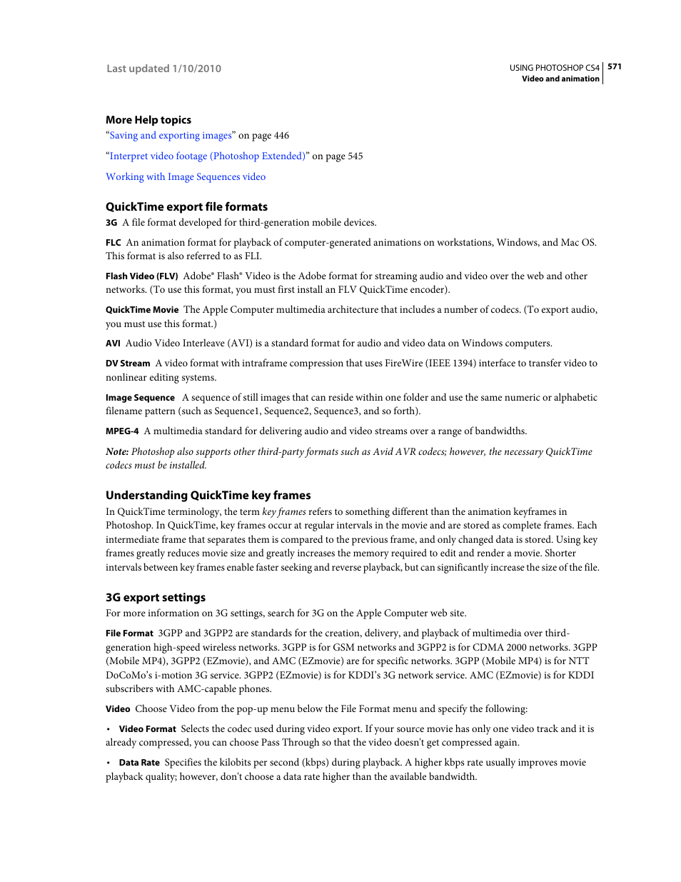 Quicktime export file formats, Understanding quicktime key frames, 3g export settings | Adobe Photoshop CS4 User Manual | Page 578 / 707