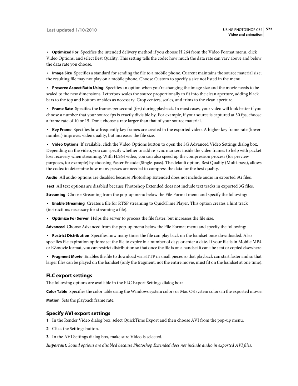 Flc export settings, Specify avi export settings | Adobe Photoshop CS4 User Manual | Page 579 / 707