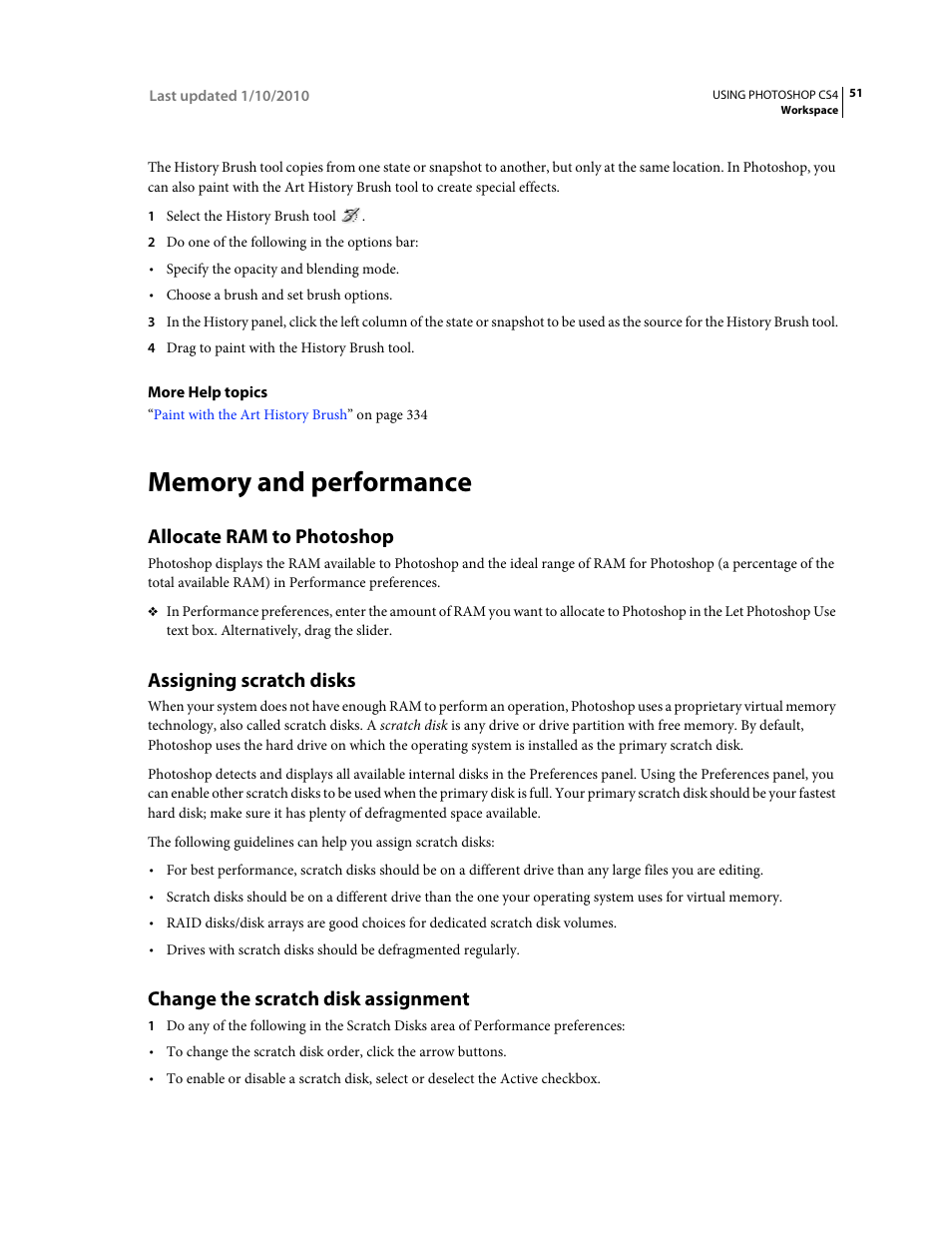 Memory and performance, Allocate ram to photoshop, Assigning scratch disks | Change the scratch disk assignment | Adobe Photoshop CS4 User Manual | Page 58 / 707