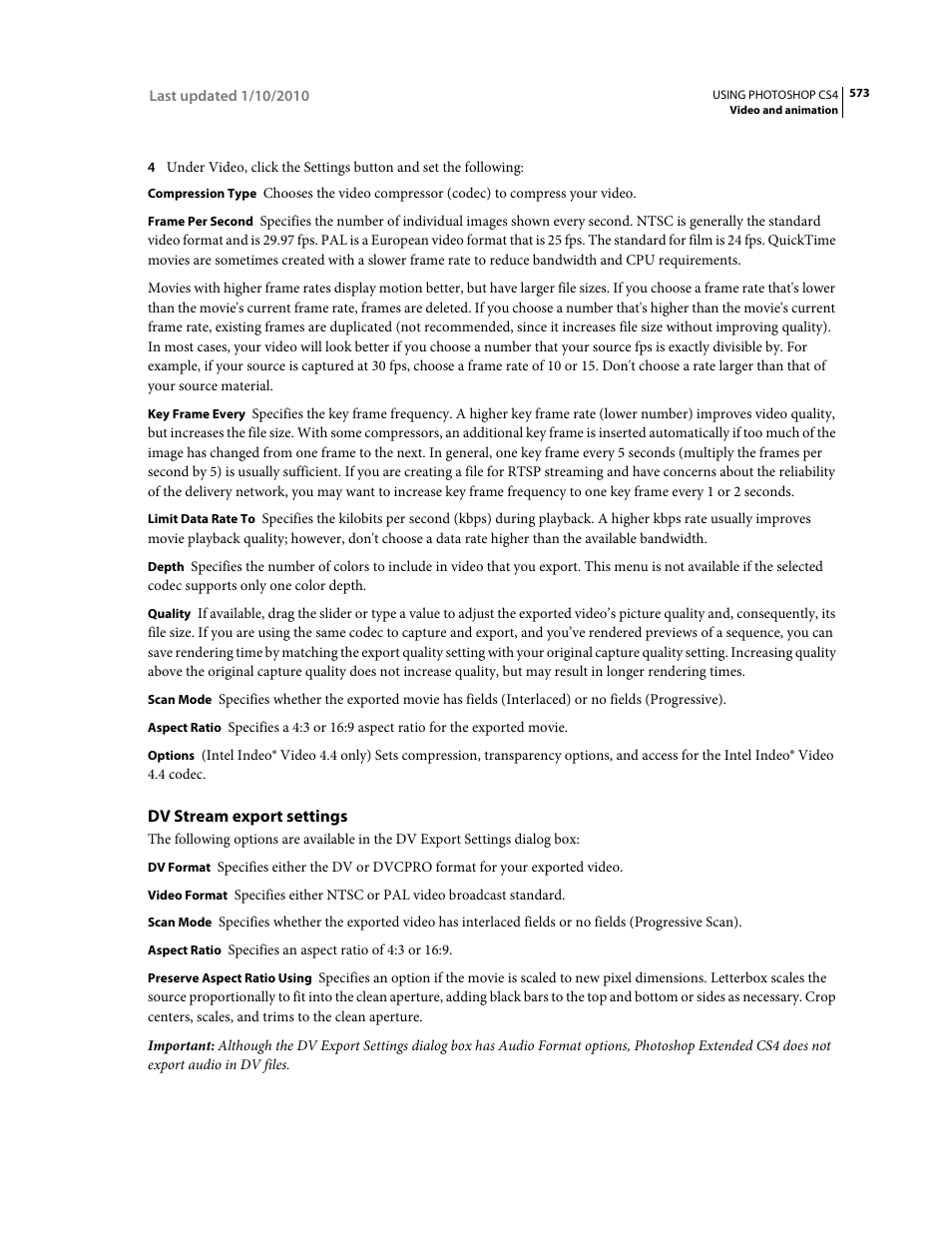 Dv stream export settings | Adobe Photoshop CS4 User Manual | Page 580 / 707