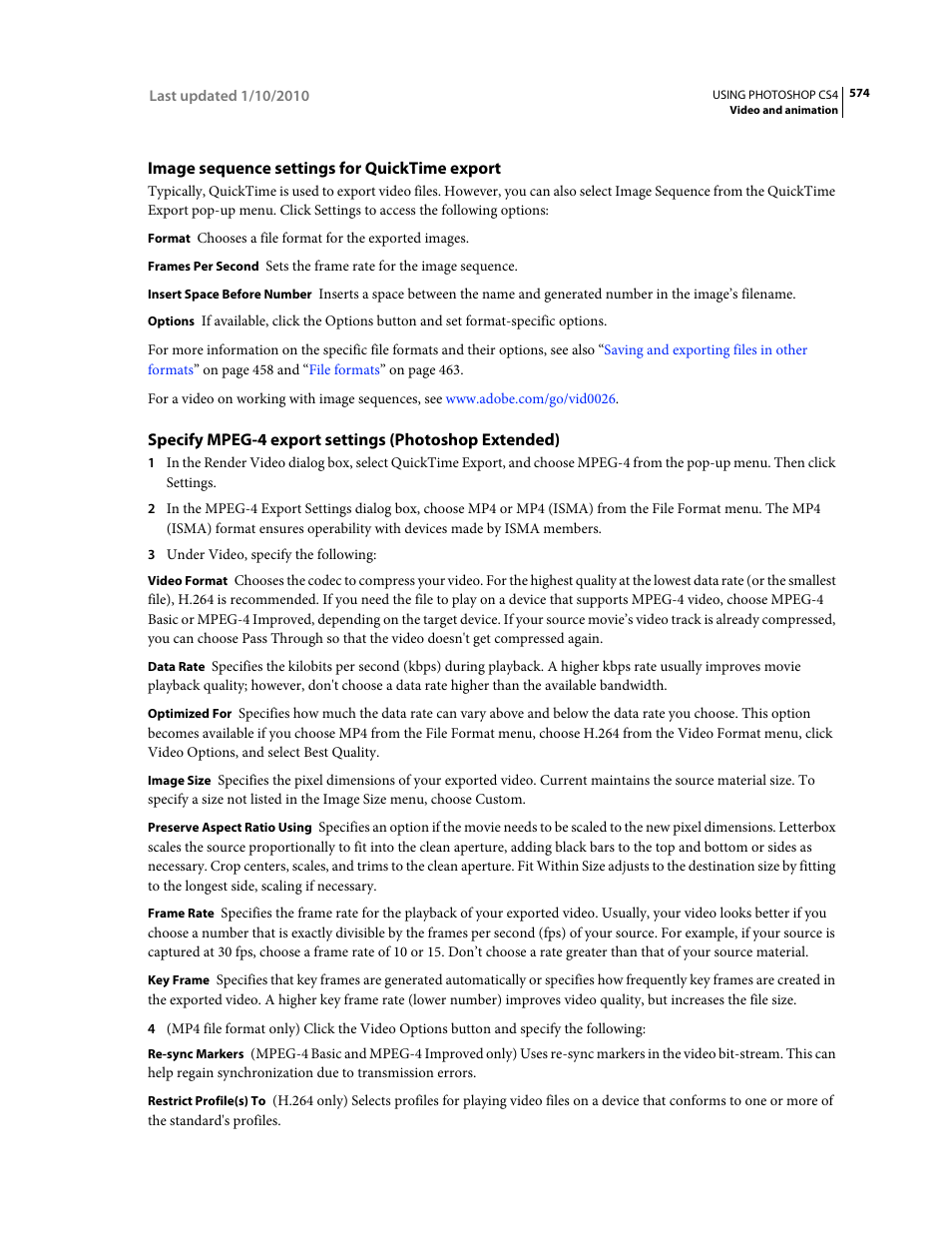 Image sequence settings for quicktime export | Adobe Photoshop CS4 User Manual | Page 581 / 707