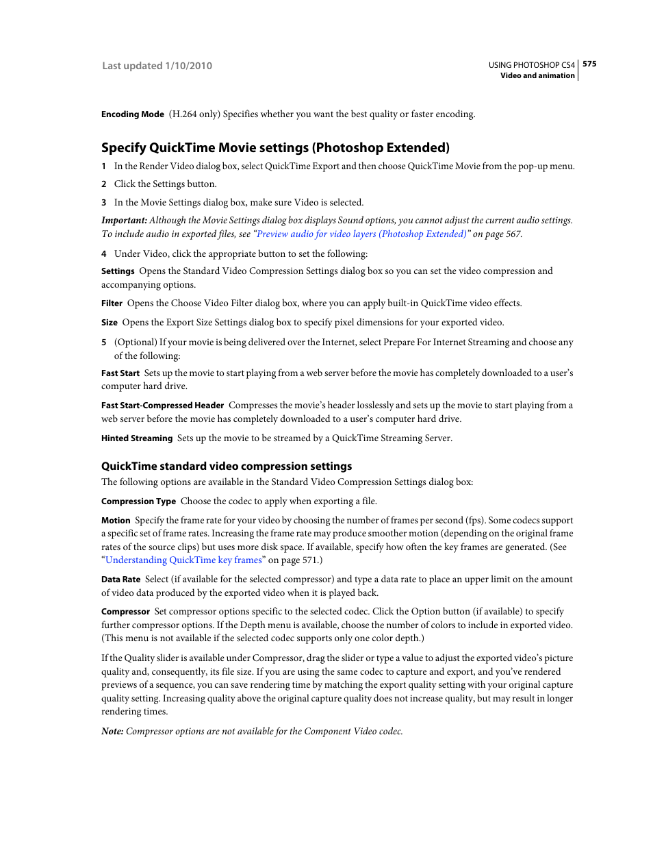 Quicktime standard video compression settings | Adobe Photoshop CS4 User Manual | Page 582 / 707