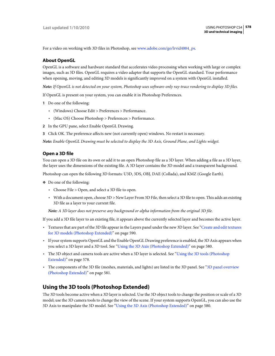 About opengl, Open a 3d file, Using the 3d tools (photoshop extended) | Adobe Photoshop CS4 User Manual | Page 585 / 707