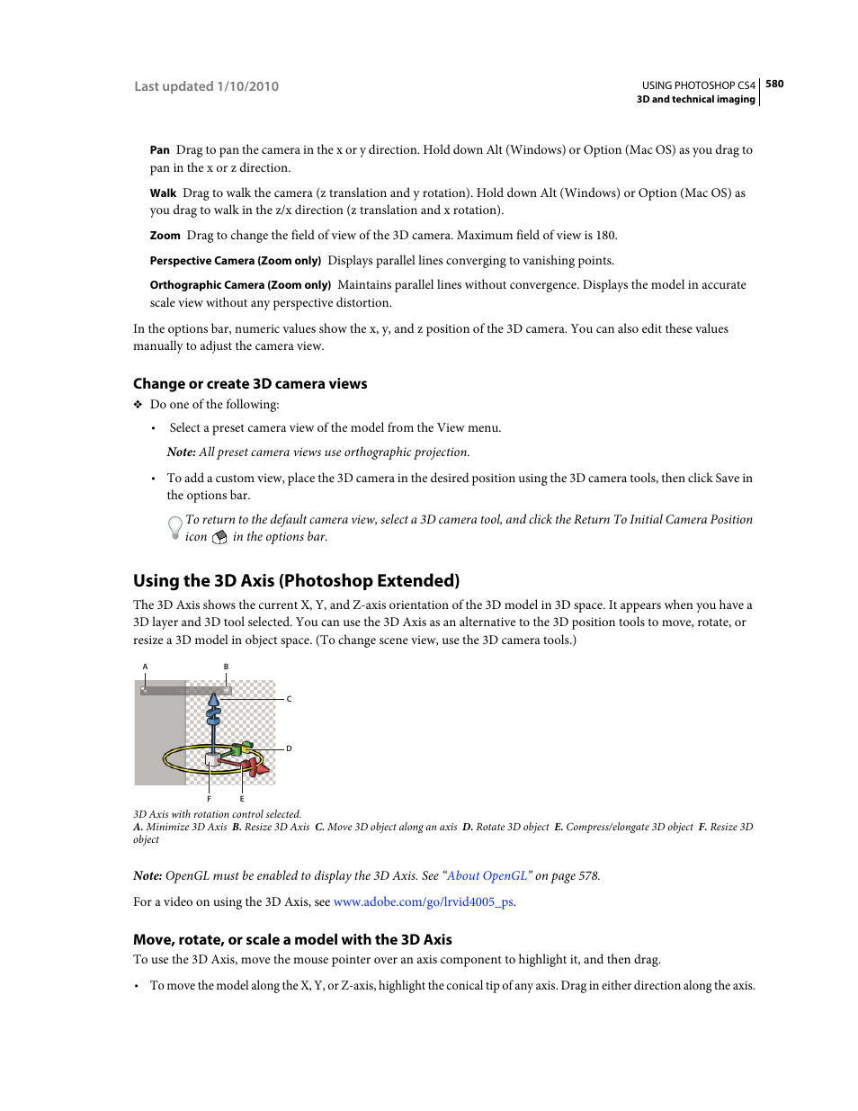 Change or create 3d camera views, Using the 3d axis (photoshop extended), Move, rotate, or scale a model with the 3d axis | 3d axis to manipulate the 3d model. see | Adobe Photoshop CS4 User Manual | Page 587 / 707