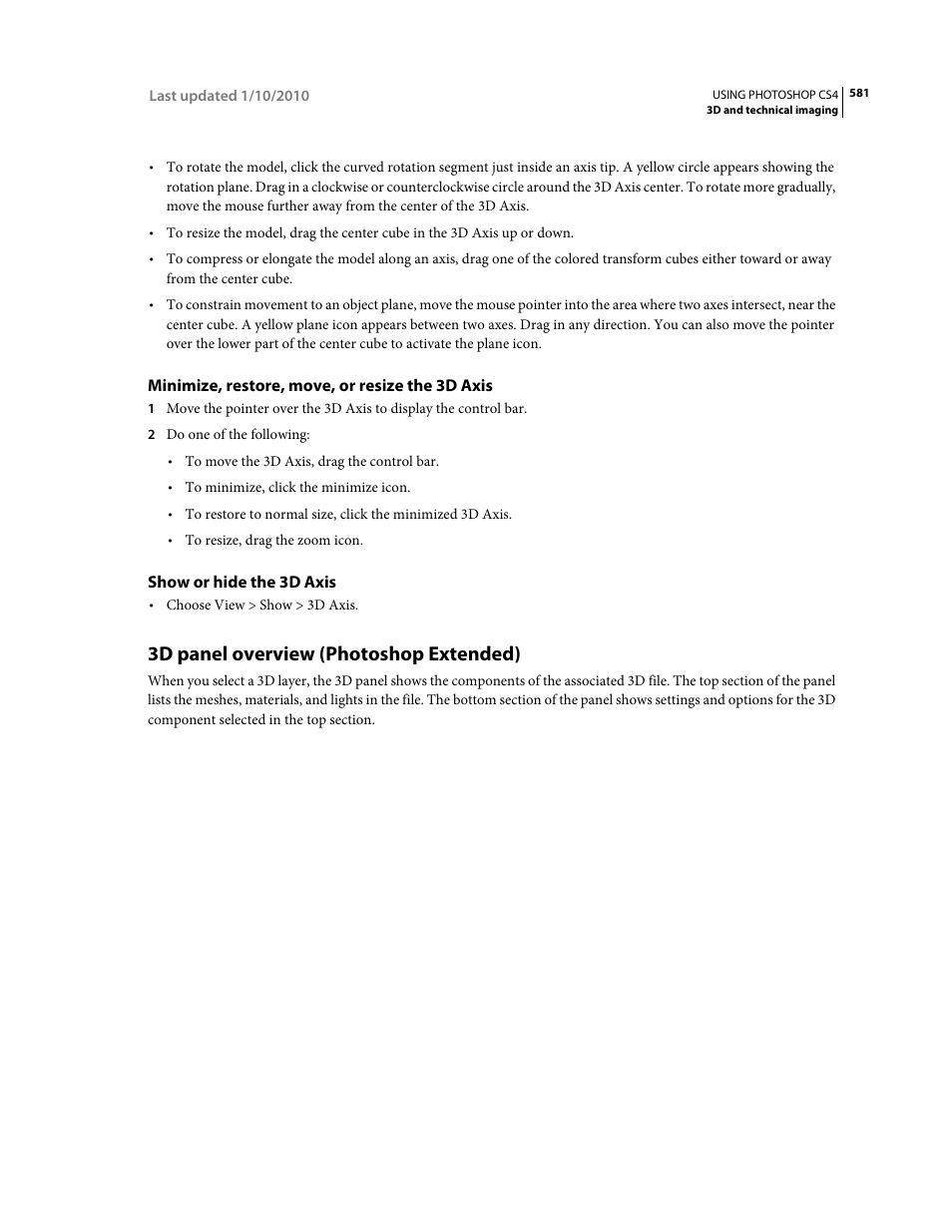 Minimize, restore, move, or resize the 3d axis, Show or hide the 3d axis, 3d panel overview (photoshop extended) | 3d panel overview, Photoshop extended) | Adobe Photoshop CS4 User Manual | Page 588 / 707