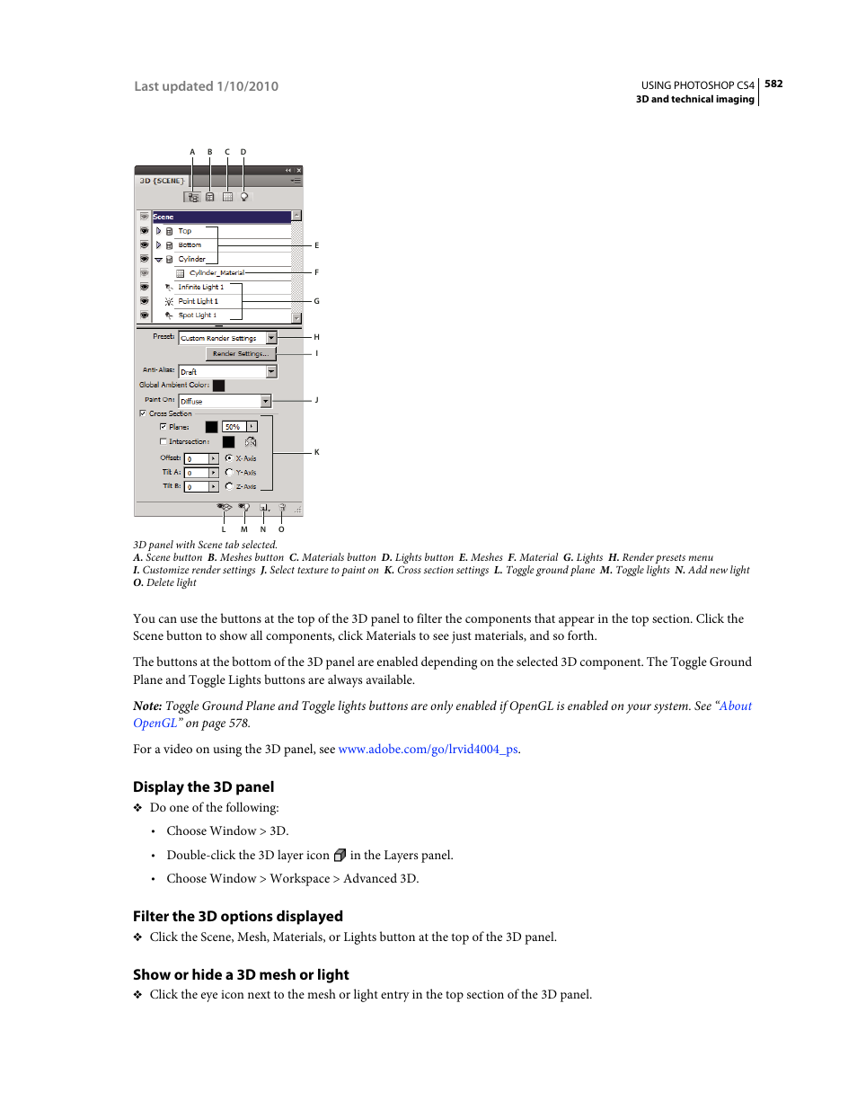 Display the 3d panel, Filter the 3d options displayed, Show or hide a 3d mesh or light | Adobe Photoshop CS4 User Manual | Page 589 / 707