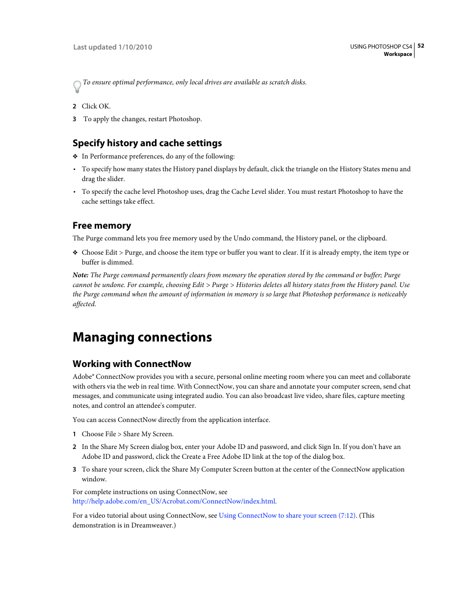 Specify history and cache settings, Free memory, Managing connections | Working with connectnow | Adobe Photoshop CS4 User Manual | Page 59 / 707