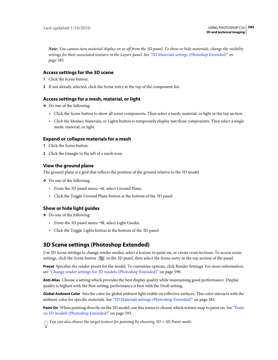 Access settings for the 3d scene, Access settings for a mesh, material, or light, Expand or collapse materials for a mesh | View the ground plane, Show or hide light guides, 3d scene settings (photoshop extended) | Adobe Photoshop CS4 User Manual | Page 590 / 707