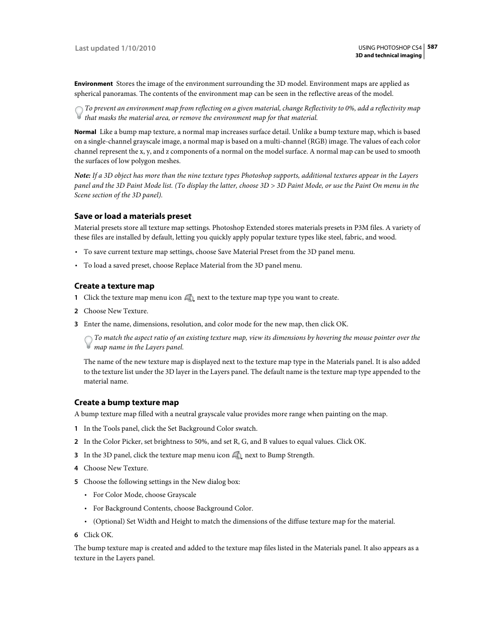 Save or load a materials preset, Create a texture map, Create a bump texture map | Adobe Photoshop CS4 User Manual | Page 594 / 707