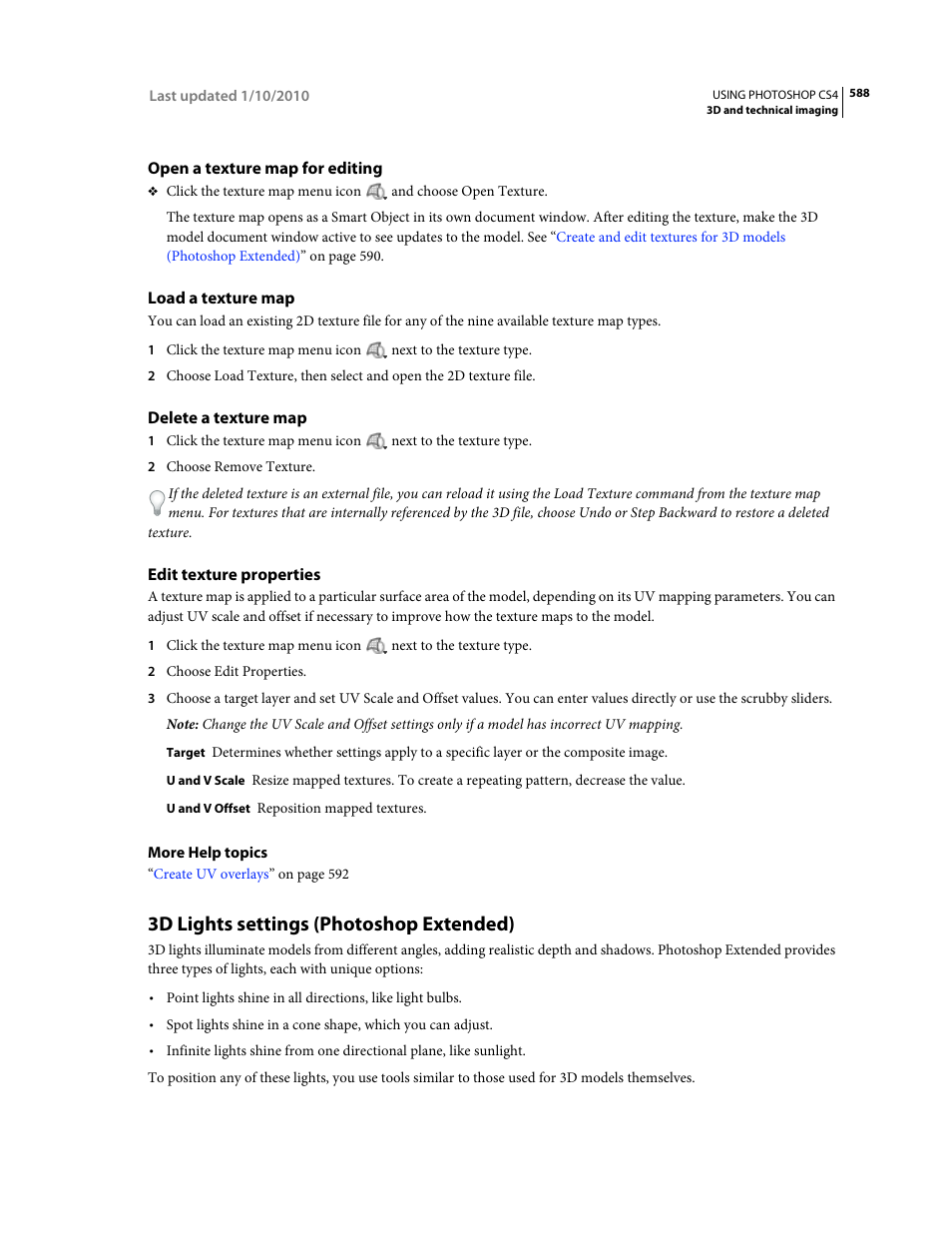 Open a texture map for editing, Load a texture map, Delete a texture map | Edit texture properties, 3d lights settings (photoshop extended) | Adobe Photoshop CS4 User Manual | Page 595 / 707