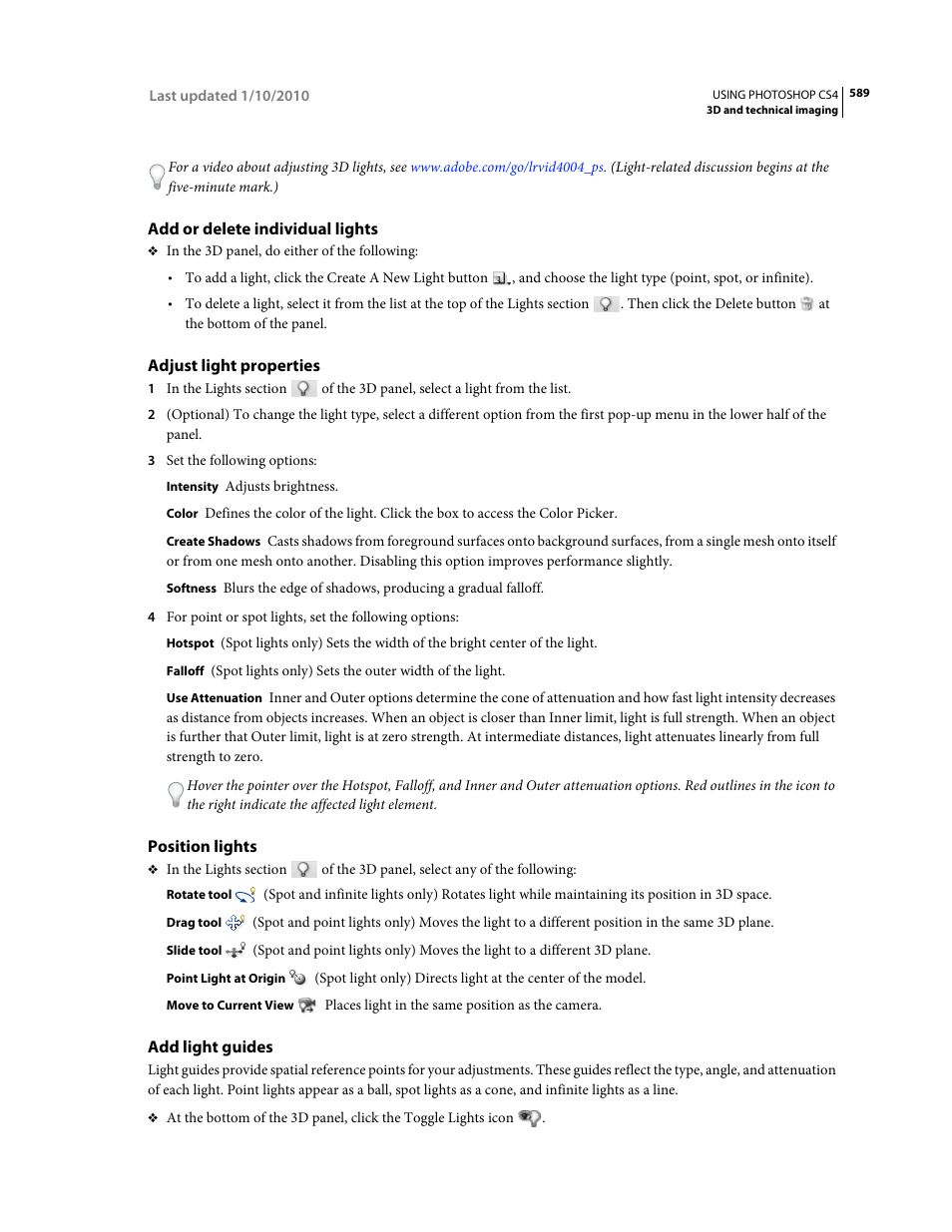 Add or delete individual lights, Adjust light properties, Position lights | Add light guides | Adobe Photoshop CS4 User Manual | Page 596 / 707