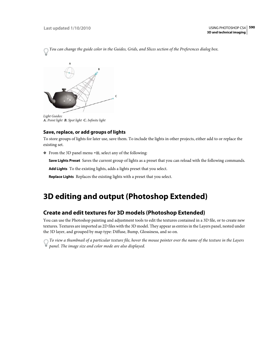 Save, replace, or add groups of lights, 3d editing and output (photoshop extended), Create and edit textures | For 3d models (photoshop extended), Create and edit textures for 3d models, Photoshop extended) | Adobe Photoshop CS4 User Manual | Page 597 / 707