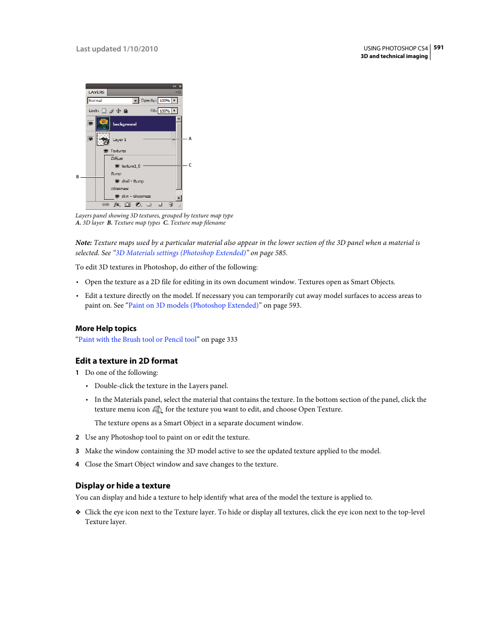 Edit a texture in 2d format, Display or hide a texture | Adobe Photoshop CS4 User Manual | Page 598 / 707