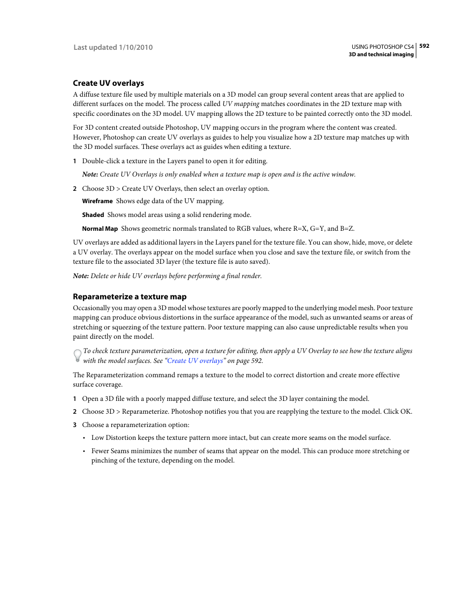 Create uv overlays, Reparameterize a texture map | Adobe Photoshop CS4 User Manual | Page 599 / 707