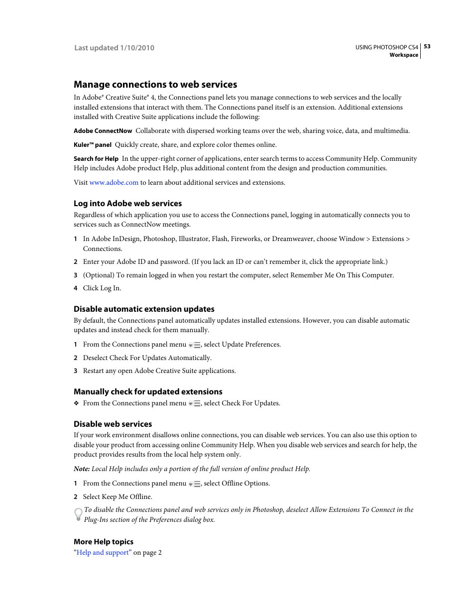 Manage connections to web services, Log into adobe web services, Disable automatic extension updates | Manually check for updated extensions, Disable web services | Adobe Photoshop CS4 User Manual | Page 60 / 707