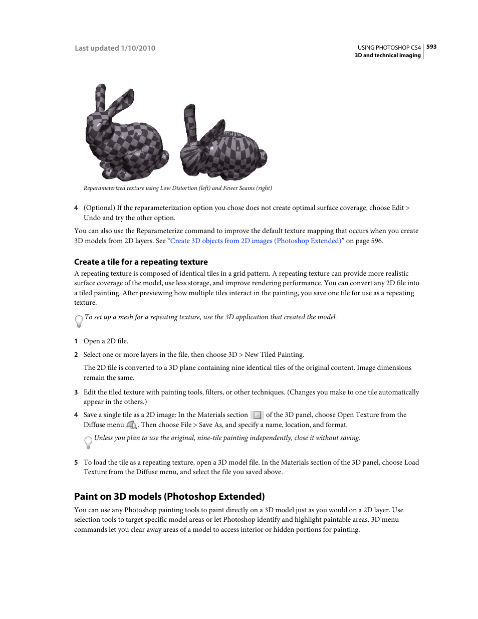 Create a tile for a repeating texture, Paint on 3d models (photoshop extended), Paint | On 3d models (photoshop extended), Paint on 3d models, Photoshop extended), Paint on. see | Adobe Photoshop CS4 User Manual | Page 600 / 707