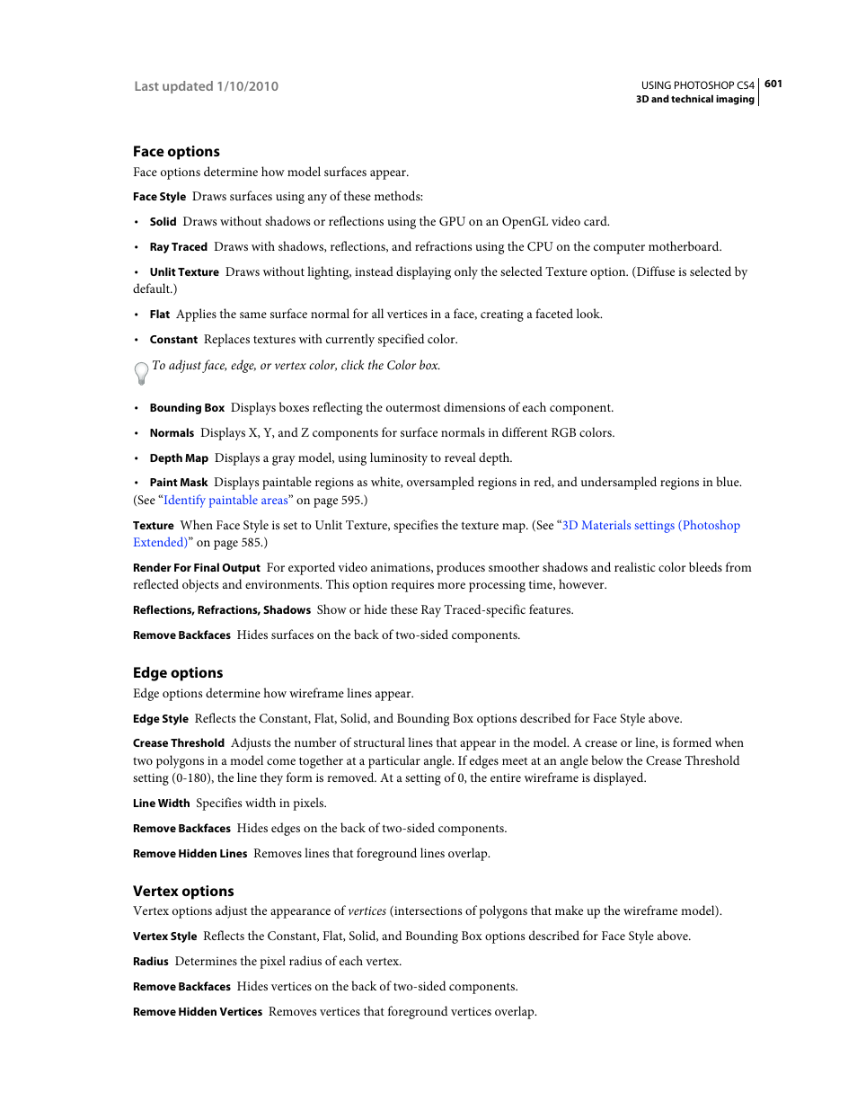 Face options, Edge options, Vertex options | Adobe Photoshop CS4 User Manual | Page 608 / 707